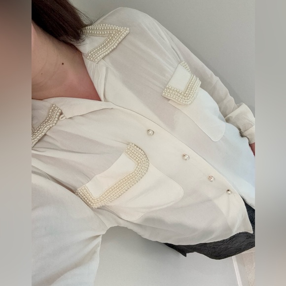 Vintage 1980s Forenza Cream, Rayon, Button-Up Blouse With Faux Pearl Detail - Picture 7 of 11